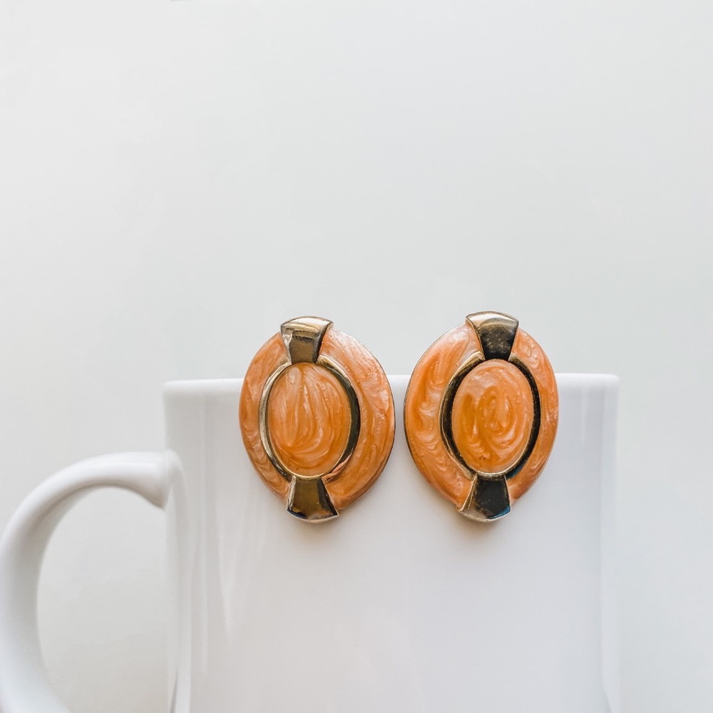 vintage sherbet orange marbled enamel earrings
